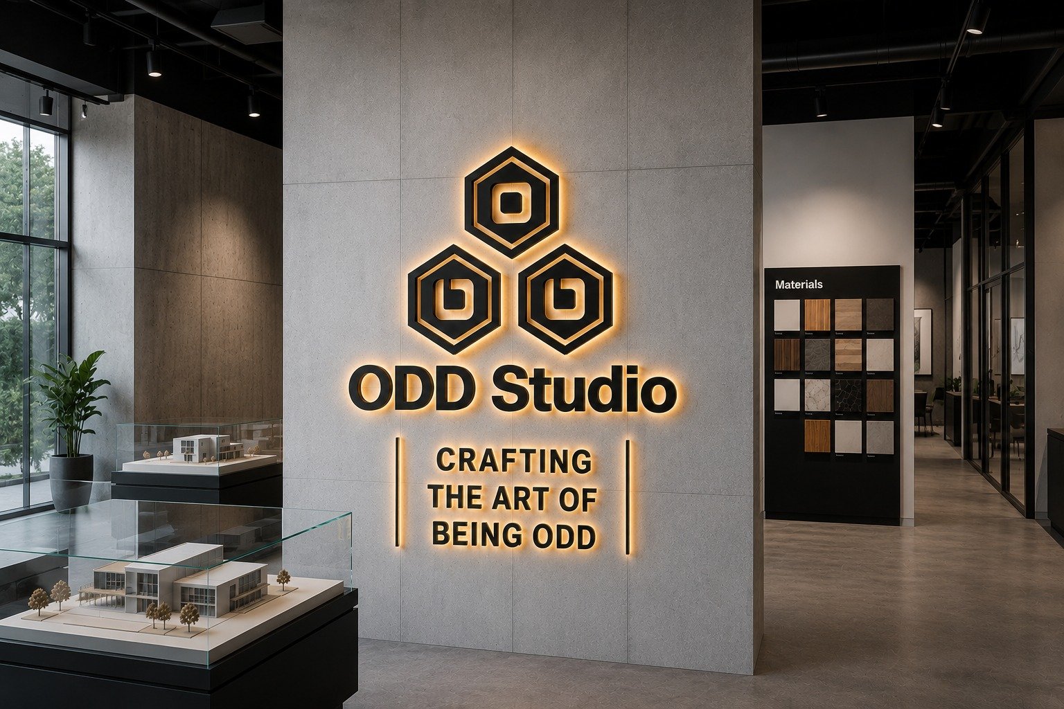 ODD Studio architecture workspace, materials gallery, project models, and illuminated studio identity