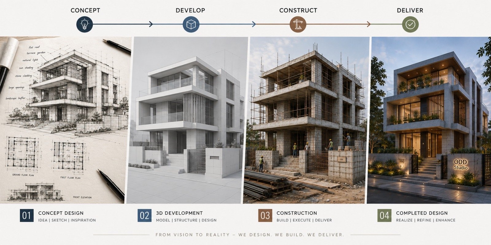 A family home progressing through concept design, 3D development, construction, and completed delivery